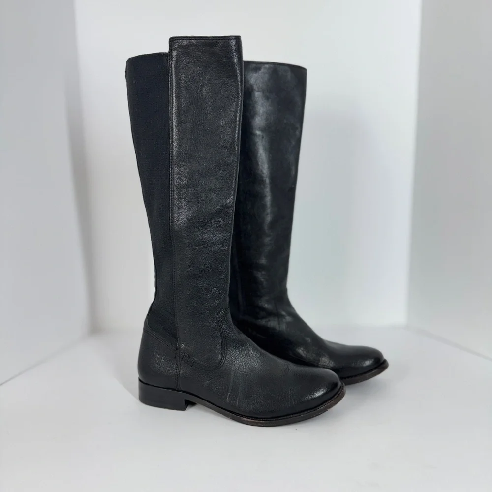 Frye Black Leather Tall Riding Boots Stretch Back Panel Size 6.5B Equestrian